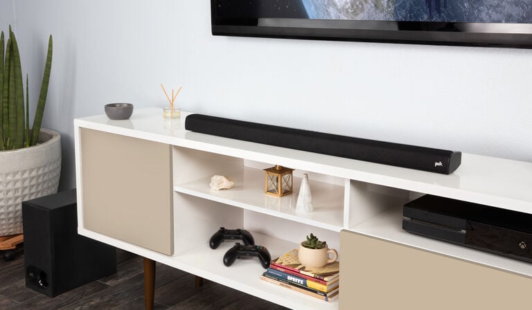 Sound bar and Subwoofer in a living room.