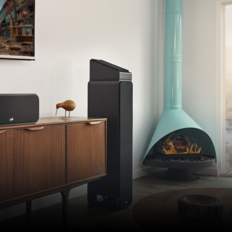 Polk tower speaker and height module in living room